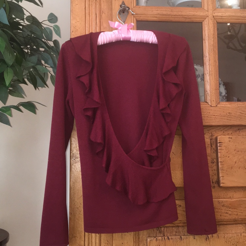 Deep v-neck ruffle trim sweater by Ann Taylor